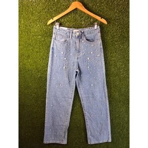 NWT Forever 21 Premium 90's Fit Embellished Jeans Crystal Pearl Denim Blue 26